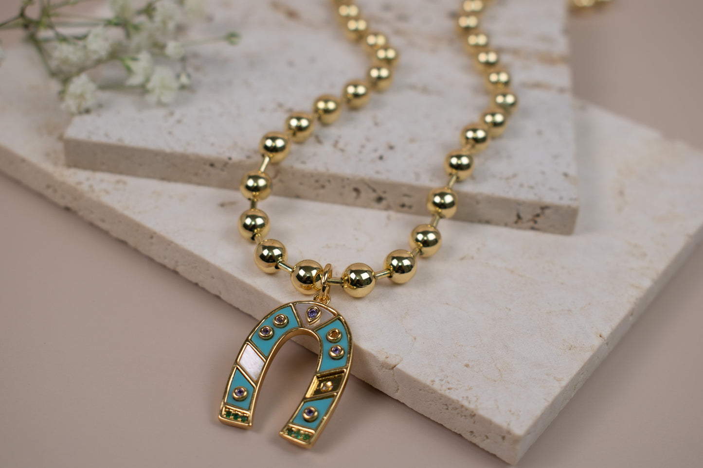 Gold Beaded Horseshoe Necklace – Turquoise Enamel Lucky Charm Pendant