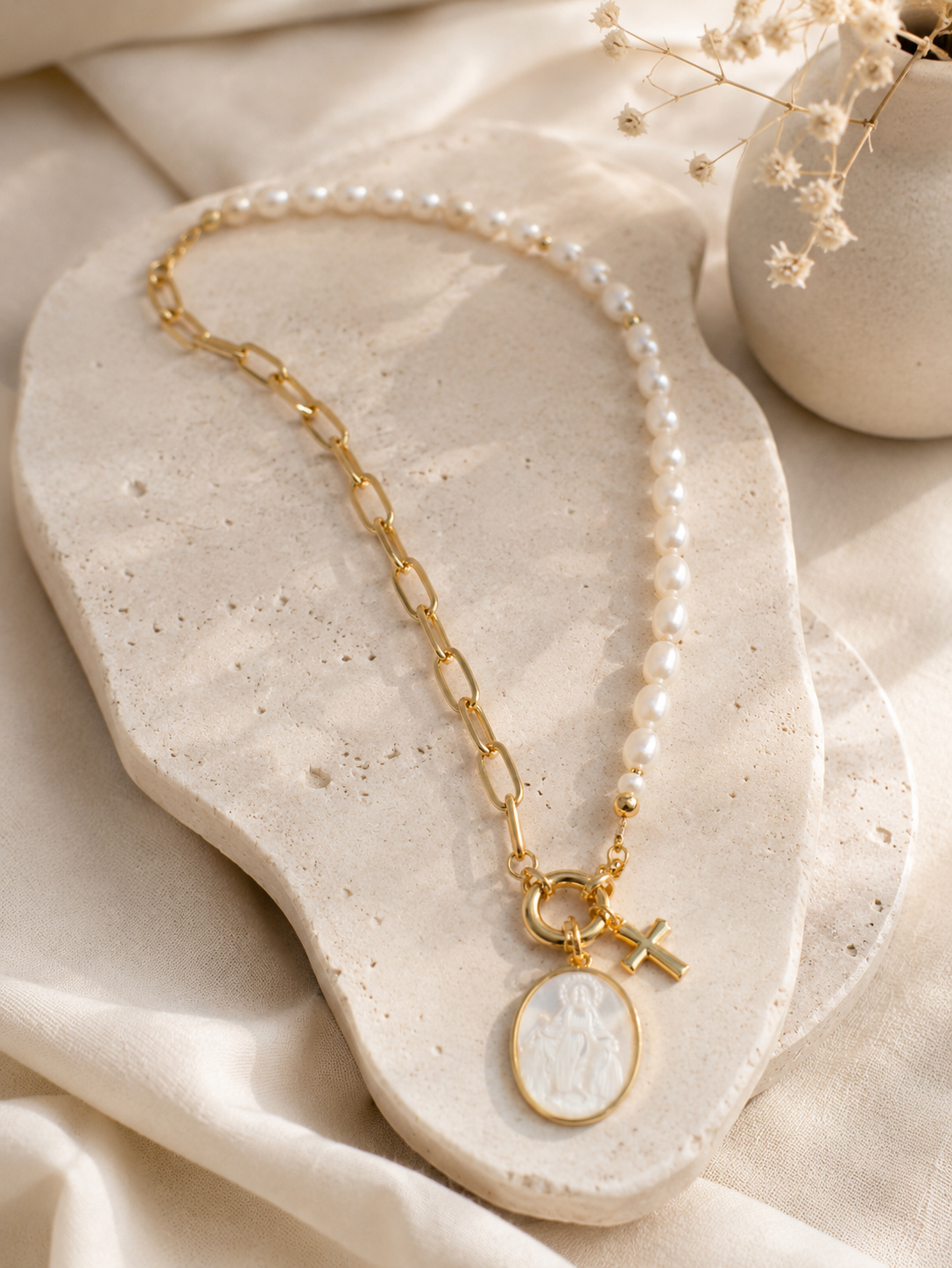 Half Pearl & Gold Miraculous Medal Necklace