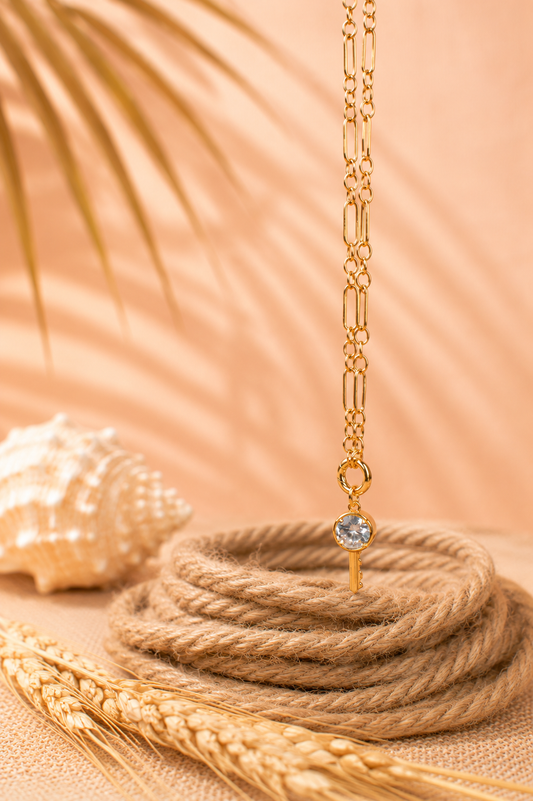 Gold Key Pendant Necklace with Crystal – 18k Gold Filled Minimalist Charm Necklace