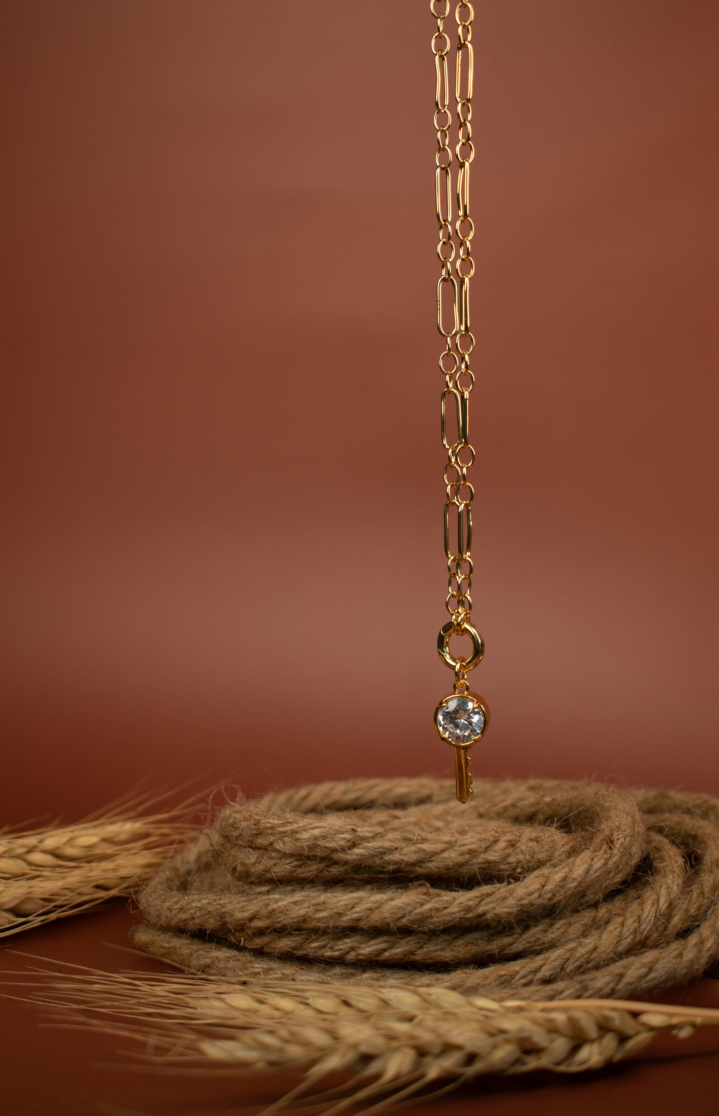 Gold Key Pendant Necklace with Crystal – 18k Gold Filled Minimalist Charm Necklace