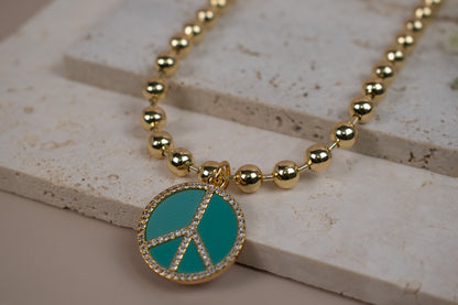 Gold Beaded Peace Sign Necklace