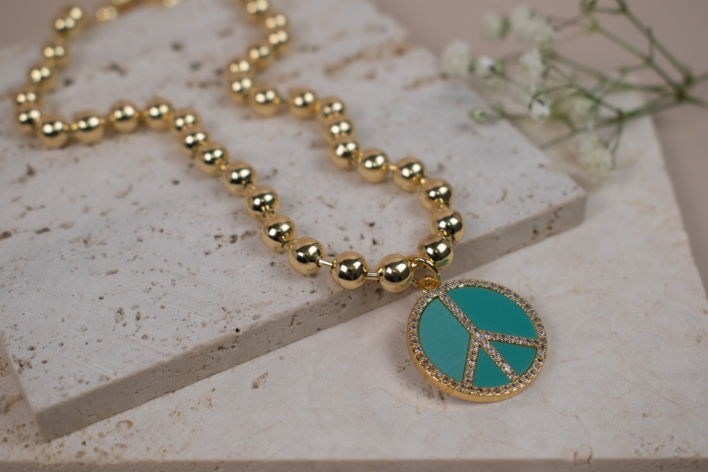 Gold Beaded Peace Sign Necklace