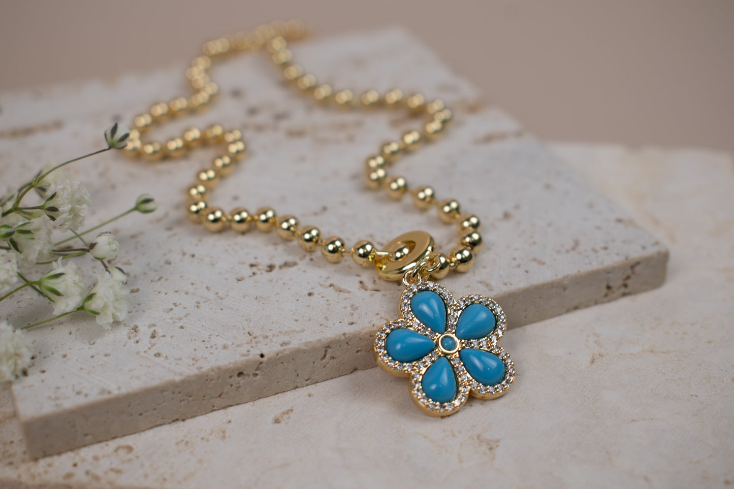 Gold Beaded Turquoise Flower Necklace